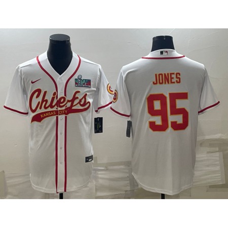 Men's Kansas City Chiefs #95 Chris Jones White With Super Bowl LVII Patch Cool Base Stitched Baseball Jersey