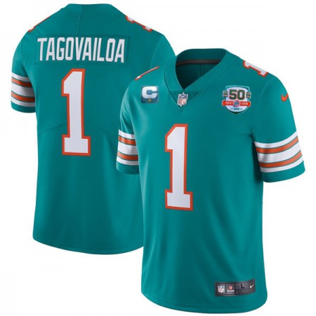 Men's Miami Dolphins #1 Tua Tagovailoa 2022 Aqua With 50th Perfect Season Patch Limited Stitched Jersey