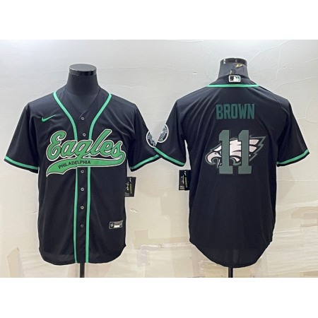 Men's Philadelphia Eagles #11 A. J. Brown Black Team Big Logo With Patch Cool Base Stitched Baseball Jersey