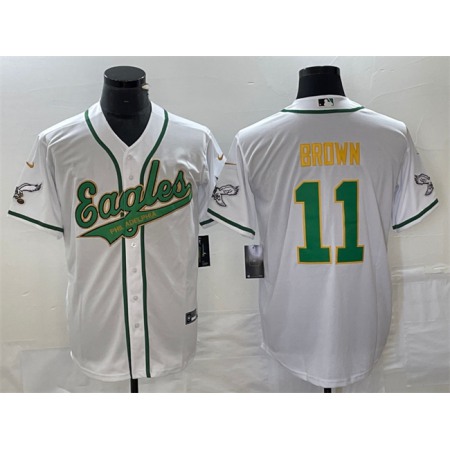 Men's Philadelphia Eagles #11 A. J. Brown White Gold Cool Base Stitched Baseball Jersey