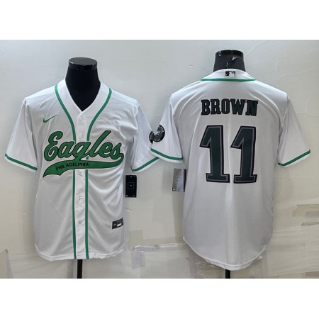 Men's Philadelphia Eagles #11 A. J. Brown White With Patch Cool Base Stitched Baseball Jersey