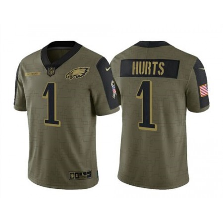 Men's Philadelphia Eagles #1 Jalen Hurts 2021 Olive Salute To Service Limited Stitched Jersey