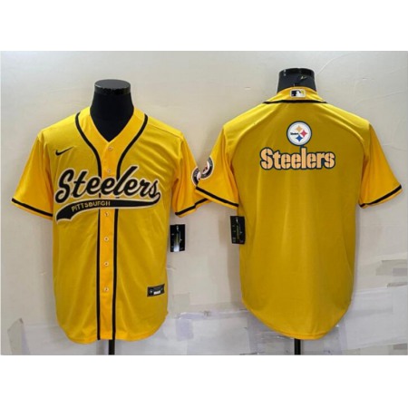 Men's Pittsburgh Steelers Yellow Team Big Logo With Patch Cool Base Stitched Baseball Jersey