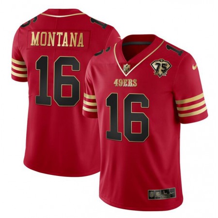 Men's San Francisco 49ers #16 Joe Montana Red Gold With 75th Anniversary Patch Stitched Jersey