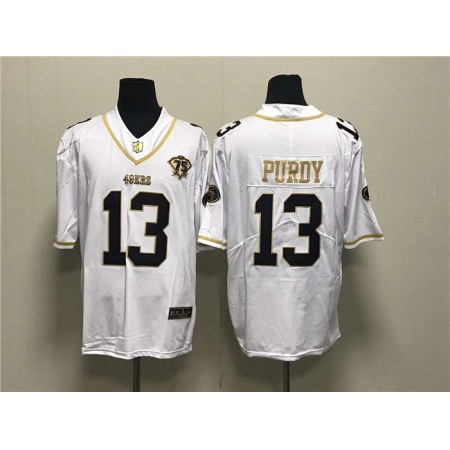 Men's San Francisco 49ers #13 Brock Purdy White Gold With 75th Anniversary Patch Stitched Jersey