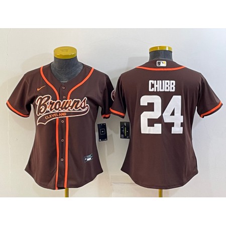 Youth Cleveland Browns #24 Nick Chubb Brown With Patch Cool Base Stitched Baseball Jersey