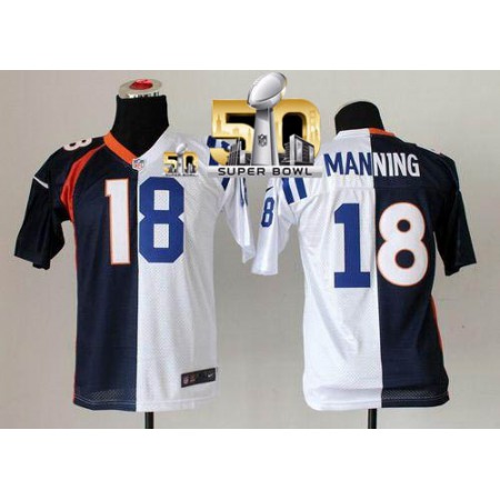 Nike Broncos #18 Peyton Manning Blue/White Super Bowl 50 Youth Stitched NFL Elite Split Colts Jersey