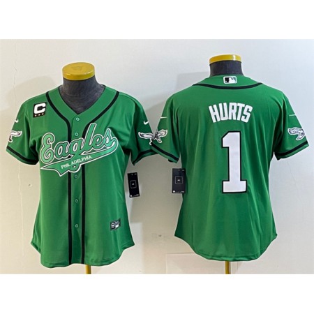 Youth Philadelphia Eagles #1 Jalen Hurts Green With 3-Star C Patch Cool Base Stitched Baseball Jersey