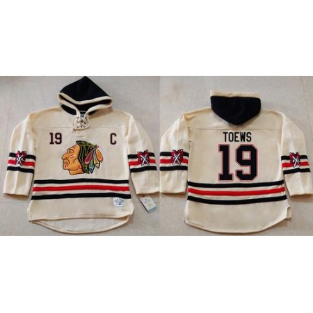 Blackhawks #19 Jonathan Toews Cream Heavyweight Pullover Hoodie Stitched NHL Jersey