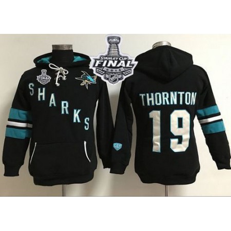 San Jose Sharks #19 Joe Thornton Black 2016 Stanley Cup Final Patch Women's Old Time Heidi Hoodie NHL Hoodie