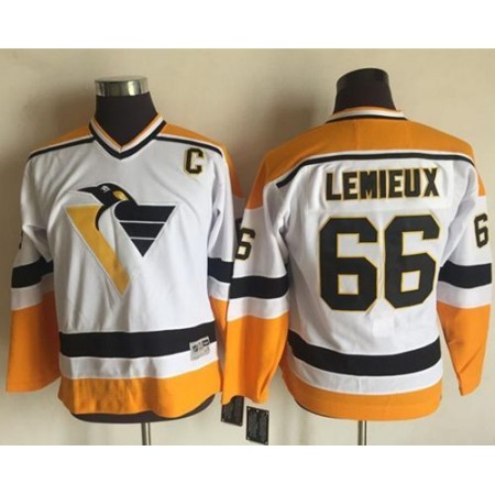 Penguins #66 Mario Lemieux White/Yellow CCM Throwback Stitched Youth NHL Jersey