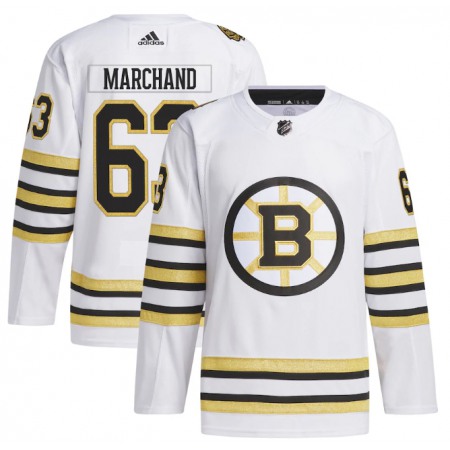 Men's Boston Bruins #63 Brad Marchand White 100th Anniversary Primegreen Stitched Jersey