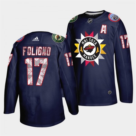 Men's Minnesota Wild #17 Marcus Foligno 2021/22 Navy Native American Heritage Day Stitched Jersey