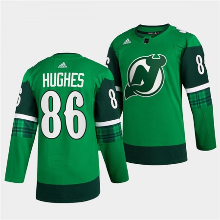 Men's New Jersey Devils #86 Jack Hughes Green Warm-Up St Patricks Day Stitched Jersey