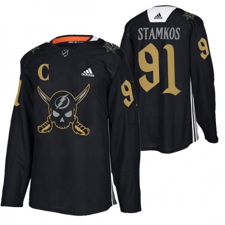 Men's Tampa Bay Lightning #91 Steven Stamkos Black Gasparilla inspired Pirate-themed Warmup Stitched Jersey