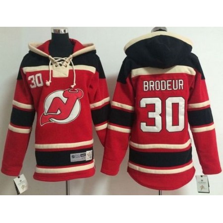 Devils #30 Martin Brodeur Red Sawyer Hooded Sweatshirt Stitched Youth NHL Jersey