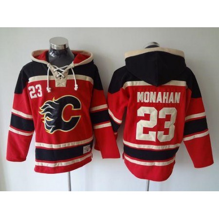 Flames #23 Sean Monahan Red Sawyer Hooded Sweatshirt Stitched NHL Jersey