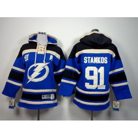 Lightning #91 Steven Stamkos Royal Blue Sawyer Hooded Sweatshirt Stitched Youth NHL Jersey