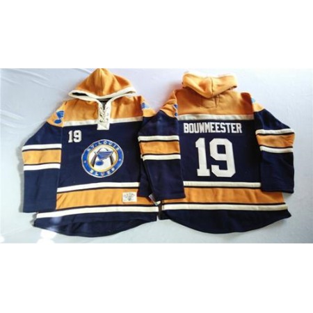 Blues #19 Jay Bouwmeester Navy Blue/Gold Sawyer Hooded Sweatshirt Stitched NHL Jersey