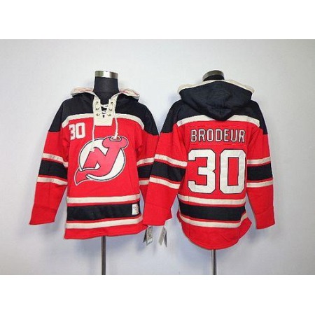 Devils #30 Martin Brodeur Red Sawyer Hooded Sweatshirt Stitched NHL Jersey