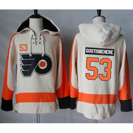 Flyers #53 Shayne Gostisbehere Cream Sawyer Hooded Sweatshirt Stitched NHL Jersey